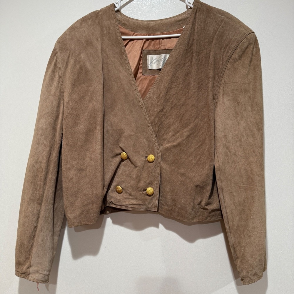 Vintage‎ Brown Pig Suede Cropped Jacket Gold Buttons Tan Double Breasted Size 10